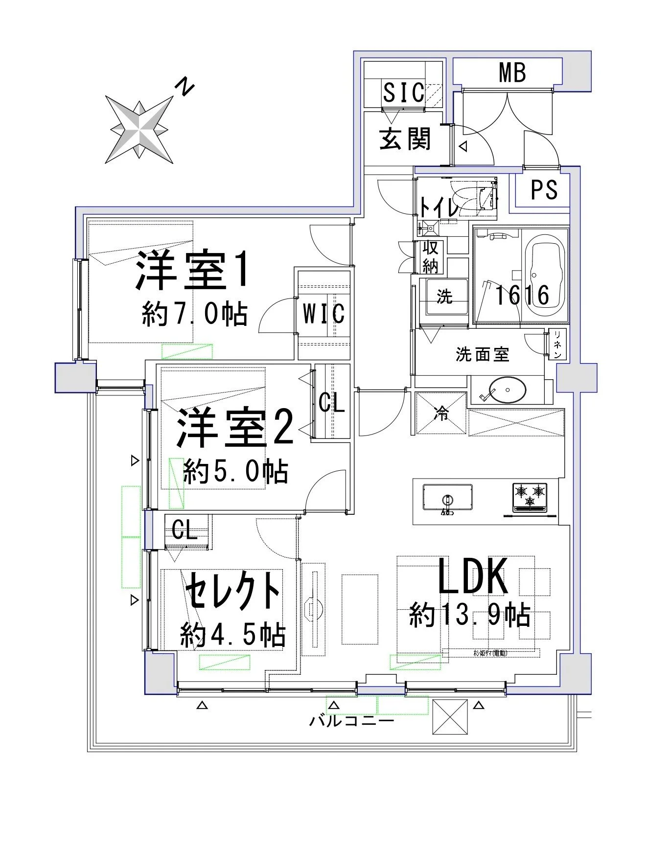 建築平面図、各部屋の名称と面積が記載されている。洋室、和室、リビングダイニングキッチン、バルコニーなどの部分が見える。