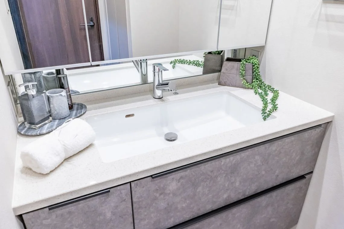 洗面台と鏡、上に観葉植物と化粧品、タオル置きの洗面所の風景