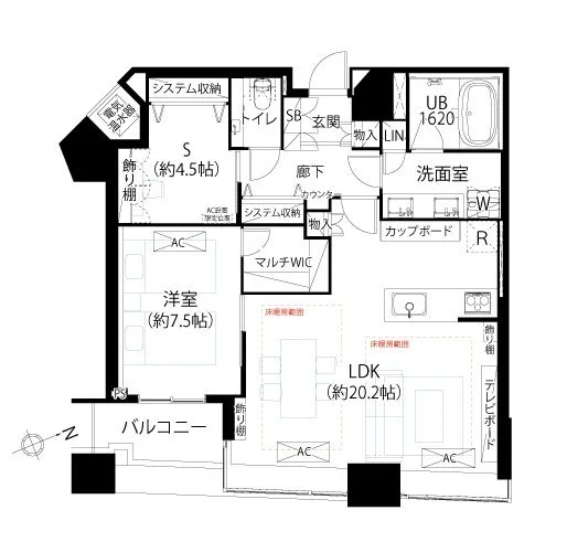 日本語の間取り図、リビング・ダイニング・キッチン、寝室、バルコニー、トイレ、バスルーム、洗面所、収納スペースなどの住宅内の各エリアを示す詳細なフロアプラン.