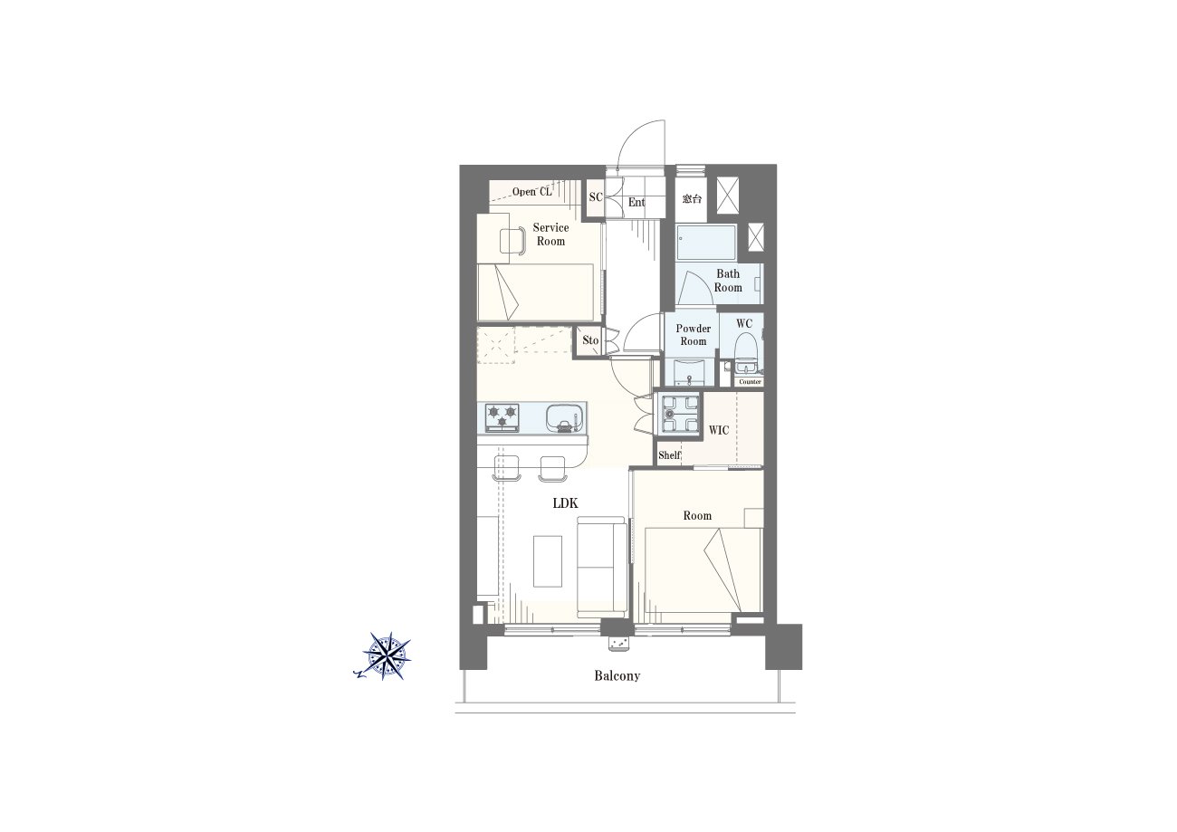 東京都心のマンション間取り図、バルコニーに面したリビングルームや寝室、キッチン、浴室、トイレなどが配置されている。