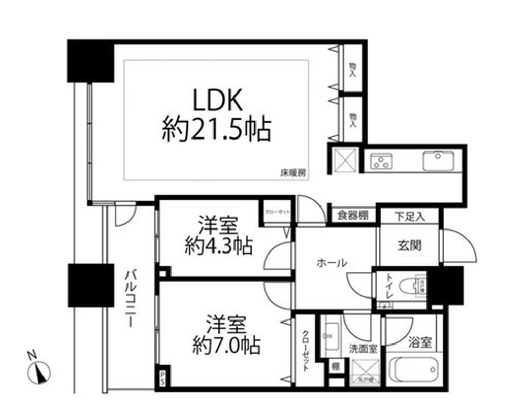 この画像は日本の住宅の間取り図です。リビングダイニングキッチン（LDK）、2つの洋室、バルコニー、玄関、トイレ、浴室、洗面室があります。