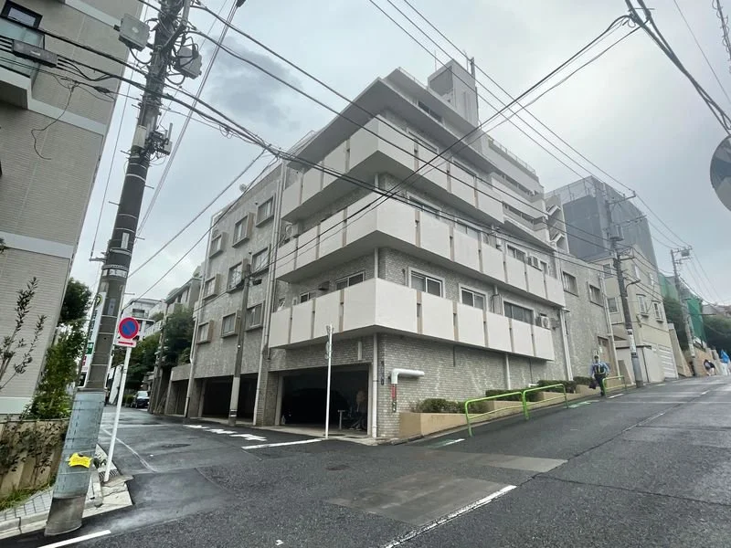 中層のコンクリート建築のマンションと道路、電柱と電線。