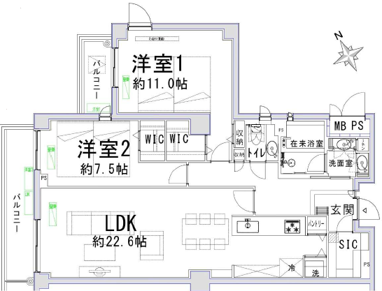日本語の間取り図。リビングダイニングキッチン（LDK）約22.6畳、洋室1約11畳、洋室2約7.5畳、バルコニーやトイレ、洗面所、玄関、収納スペースなどが示されている。