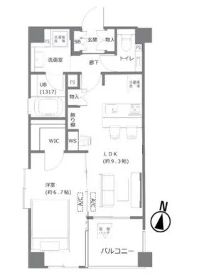 この画像は、住宅の間取り図を示しています。玄関、浴室、トイレ、リビングダイニングキッチン、寝室、ウォークインクローゼット、バルコニーなどの部屋やスペースが描かれています。