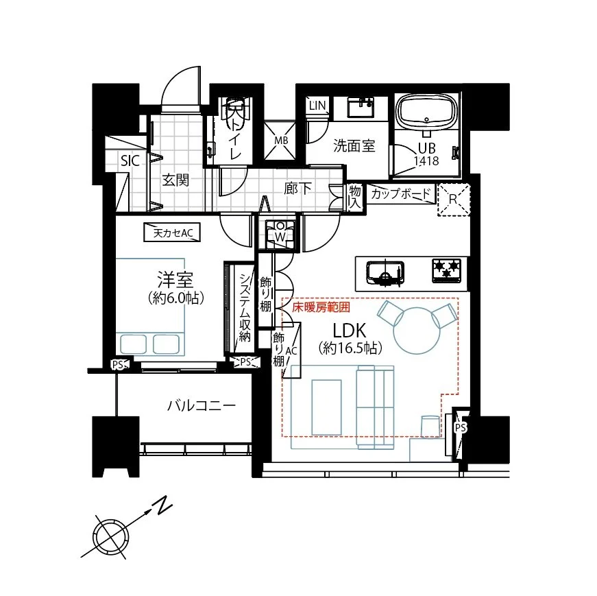 この画像は、二つの部屋とリビングダイニングキッチン（LDK）、バルコニー、浴室、トイレなどが記された日本の住宅の間取り図です。