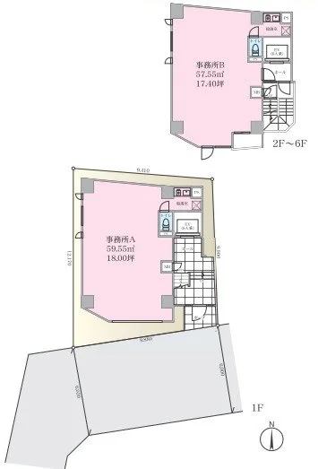 二階と一階のフロアプラン。二階には事務所Bと関連設備があり、面積は57.55平方メートル。1階には事務所Aと関連設備があり、面積は59.55平方メートル。