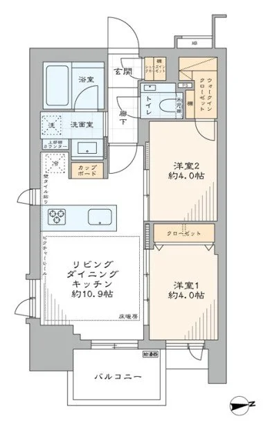 二階建ての住宅の間取り図。玄関、浴室、洗面室、トイレ、洋室2（約4.0畳）、洋室1（約4.0畳）、リビング・ダイニング・キッチン（約10.9畳）、バルコニー、クローゼット、クロークインクローゼット、棚や収納スペースが示されている。