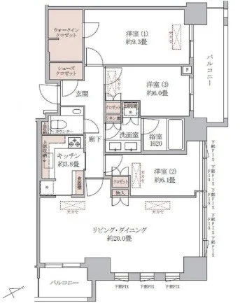 3LDKの間取り図で、リビング・ダイニング、3つの洋室、キッチン、バルコニー、トイレ、浴室、ウォークインクローゼットなどが示されている