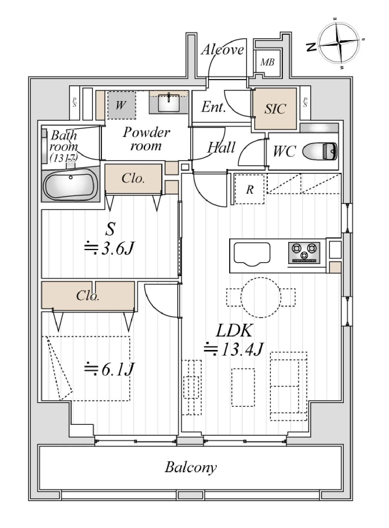 建築平面図で、バルコニーが付いたリビングダイニングキッチン（LDK）と複数の部屋、バスルーム、トイレ、収納スペースが示されている。