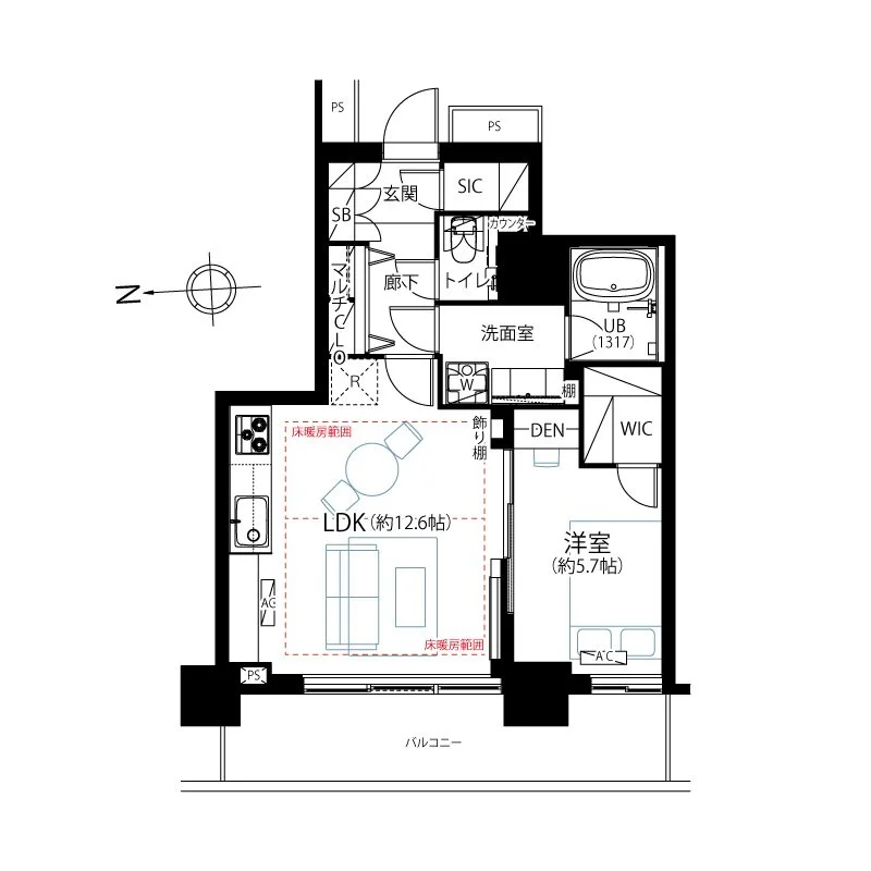 これは住宅の間取り図です。リビング・ダイニング・キッチン（約12.6帖）、洋室（約5.7帖）、洗面所、浴室、トイレ、玄関、バルコニーなどが描かれています。