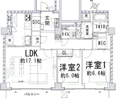1つの玄関ホール、LDK約17.1畳、洋室2約5.0畳、洋室1約6.6畳、浴室、洗面室、トイレ、収納スペース、WIC、バルコニーを含む間取り図
