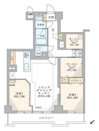3LDKの間取り図、リビングダイニングキッチン約16.4畳、洋室1約5.2畳、洋室2約5.4畳、サービスルーム約2.2畳、浴室、トイレ、洗面脱衣所、バルコニーあり。