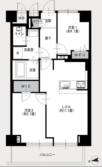 家具や設備が配置された二LDKの間取り図。玄関、廊下、洋室二つ、浴室、トイレ、洗面室、ウォークインクローゼット、バルコニーが描かれている。