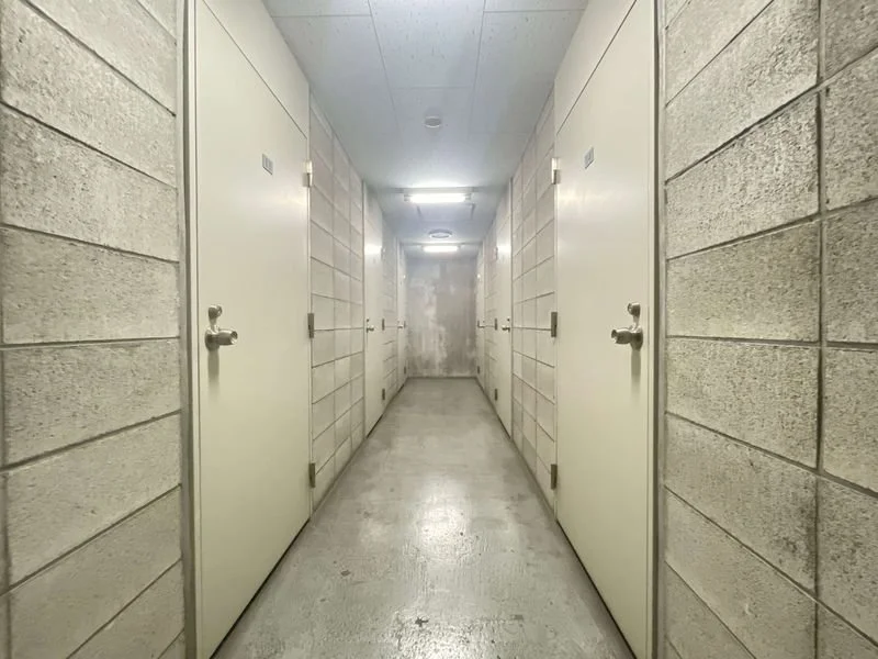廊下に並んだ複数の扉とコンクリート壁と床、天井に照明.