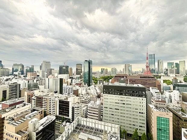 東京の都市の風景。高層ビルと東京タワーが見える