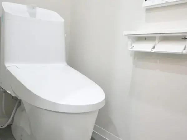 白い便座と壁に設置されたトイレットペーパーホルダーがあるトイレの画像