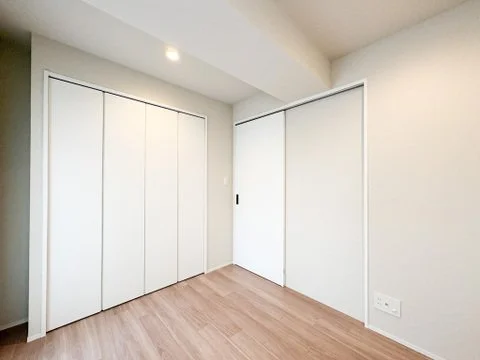 白い壁の部屋とクローゼットのドア。木製の床。」} richText_Answer: 