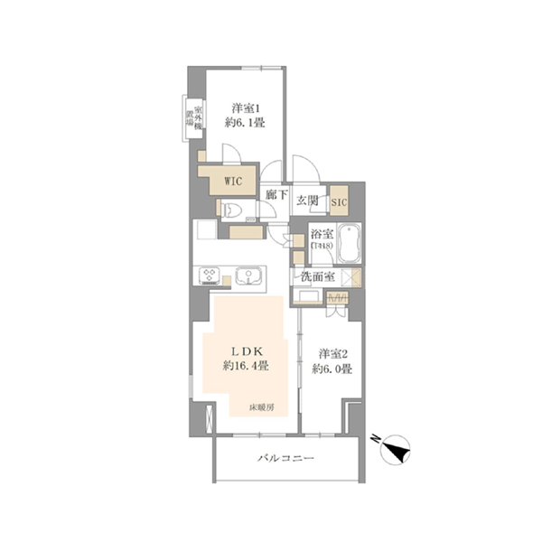 マンションの間取り図。玄関、シューズインクローク(STC)、洋室1（約6.1畳）、WIC（ウォークインクローゼット）、浴室、洗面室、洋室2（約6.0畳）、LDK（リビングダイニングキッチン、約16.4畳）、バルコニーが含まれる。