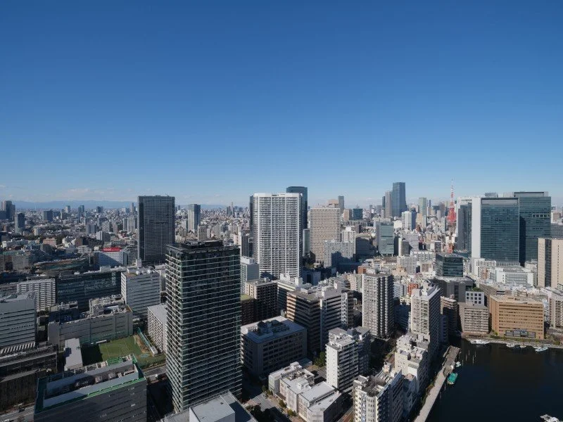 青空の下に広がる都市の高層ビル群と川