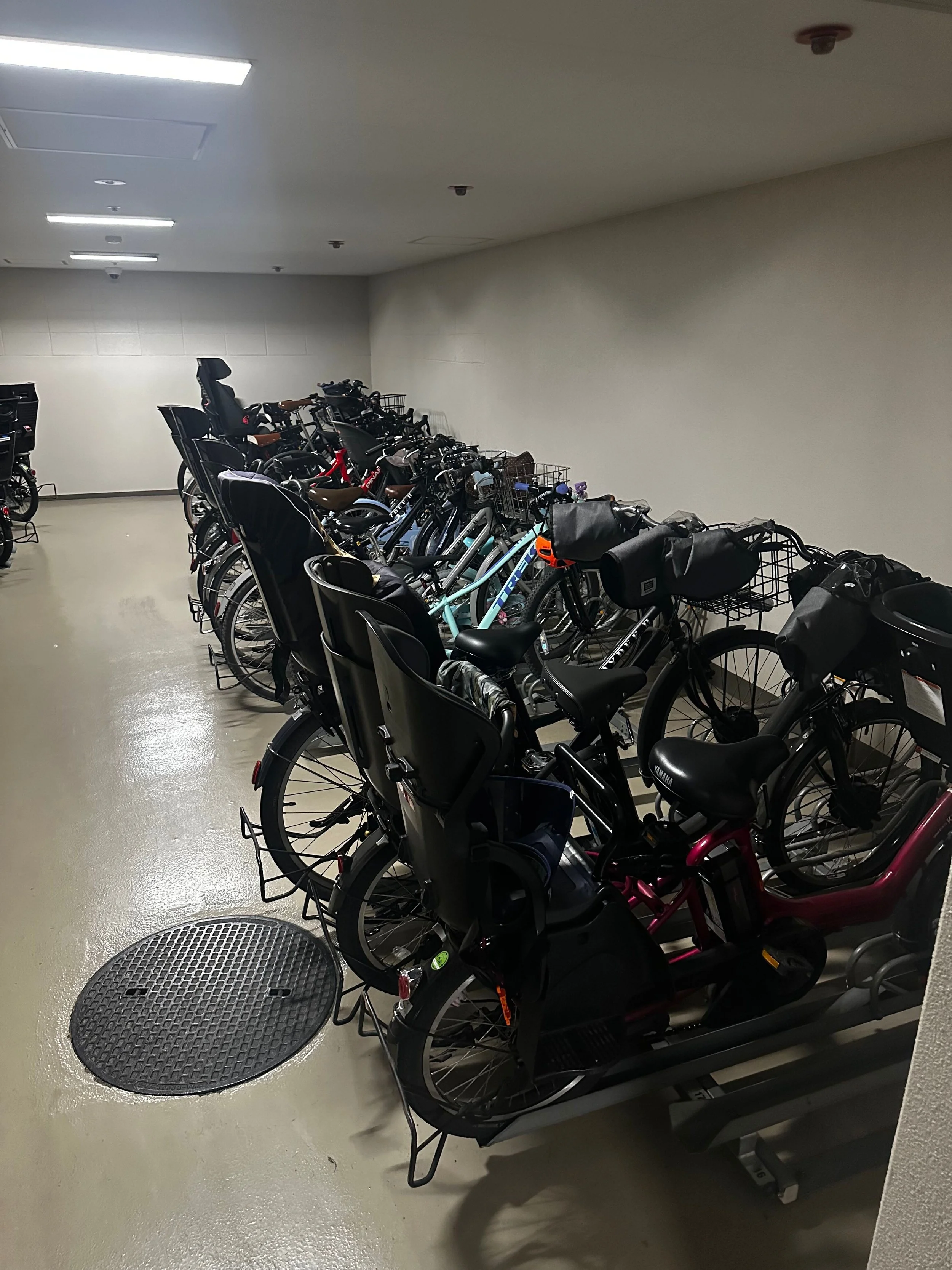 地下の駐輪場に多数の自転車が整然と並べられている。