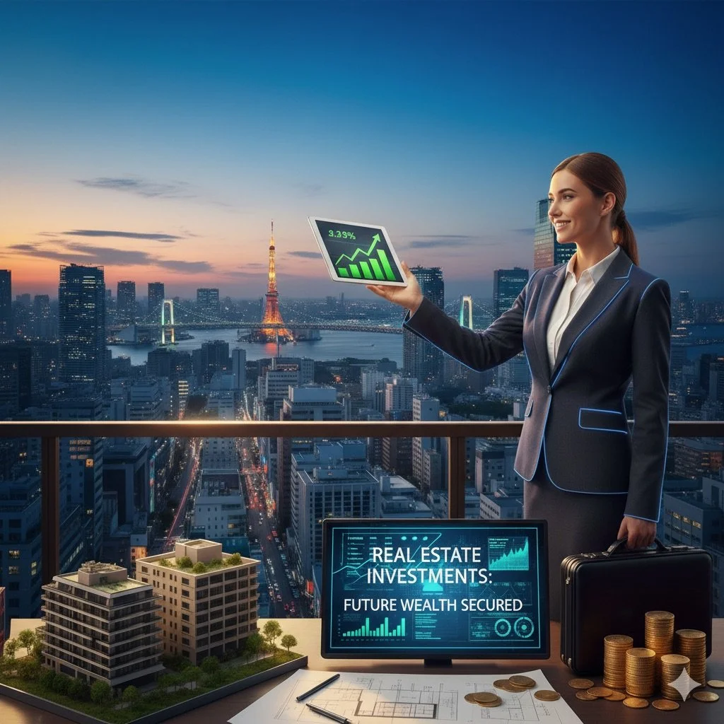 高層ビルの屋上で都市の景色を背景に、ビジネス女性がタブレットを手に持ち、成長グラフを示している。机には不動産投資に関するパソコン、模型建物、書類とペン、コインの山、スーツケースが置かれている。