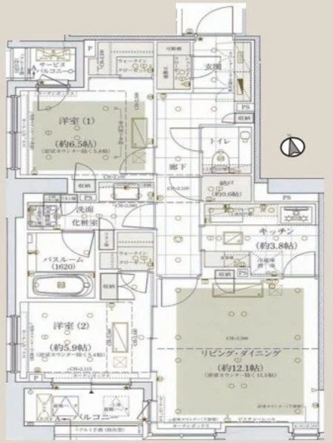 この画像は日本語で書かれた理想的なマンションの間取り図です。各部屋の名前や面積が示されており、リビング、キッチン、バスルーム、トイレ、洋室などの配置と詳細が記されています。