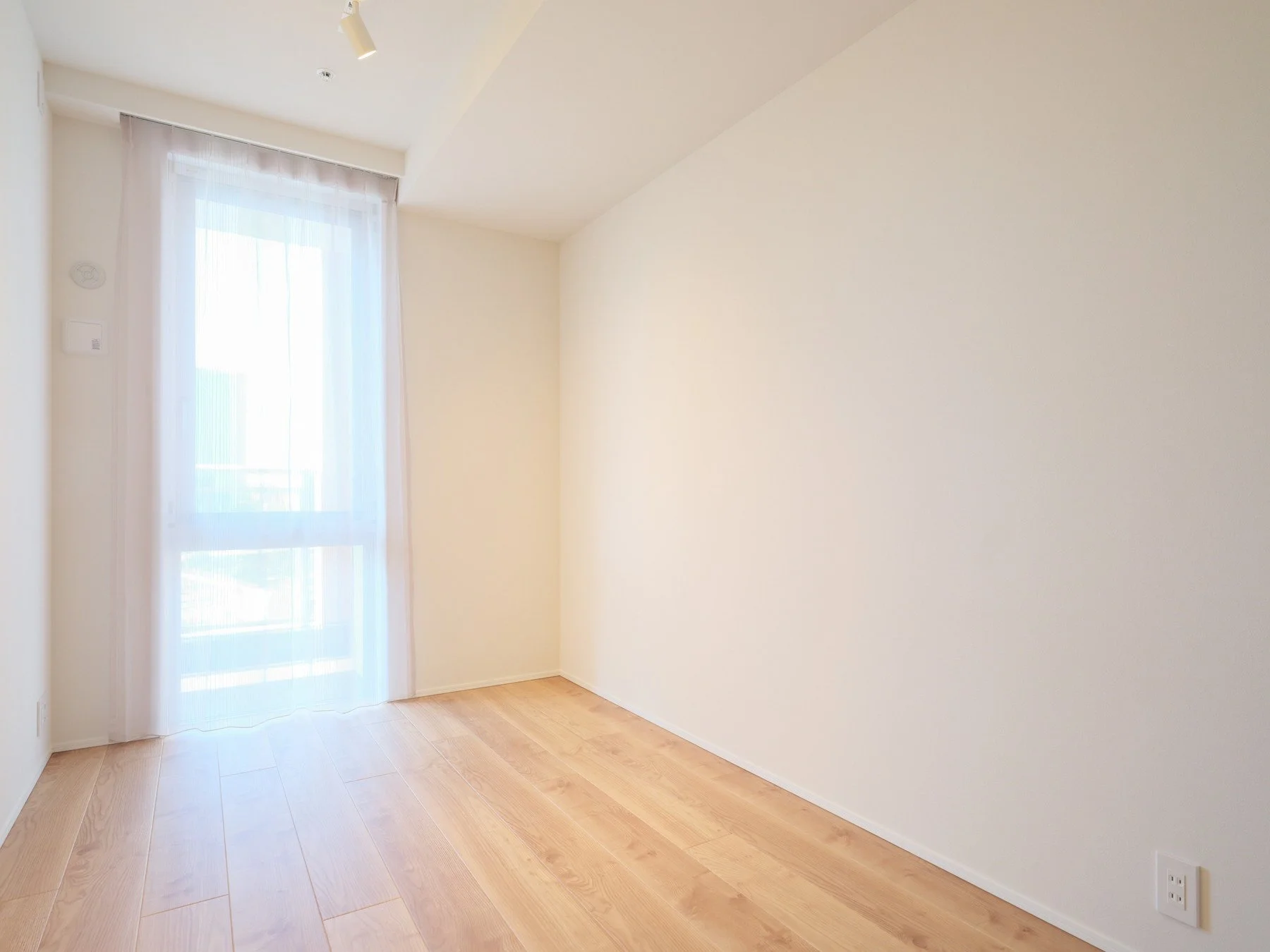 明るい日差しが差し込む白い壁と木製の床の空間