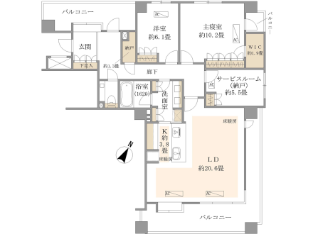 これは2LDKの間取り図で、リビング、キッチン、寝室、洋室、ウォークインクローゼット、バルコニー、バスルーム、トイレなどの部屋が配置されています。