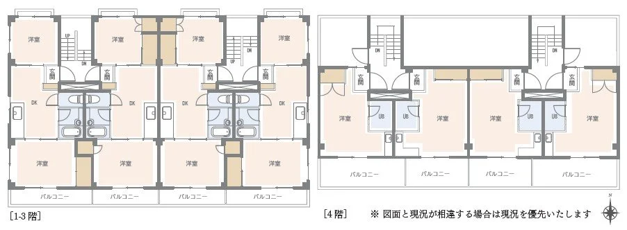 二階建ての住宅の間取り図。左側は3階までのアパートメント、右側は4階建てのアパートメント。各ユニットにはリビングルーム、バルコニー、浴室、トイレ、洋室、ダイニングキッチンが配置されている。」}