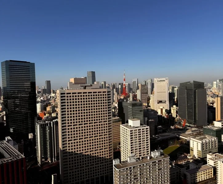 東京の繁華街の高層ビル群と東京タワーの景色, 青空