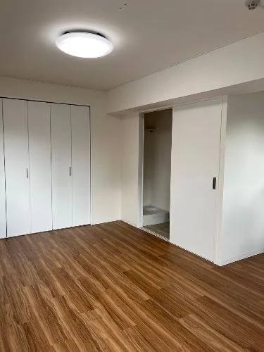 白い壁と床の木目調のフローリングの部屋。左側に白い折戸の収納。中央に引き戸の扉と狭い通路が見える。天井に丸形の照明。