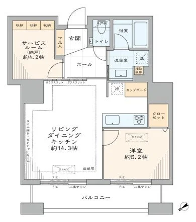 1LDKの日本の間取り図、リビングダイニングキッチン約14.3畳、洋室約5.2畳、サービスルーム約4.2畳、バルコニー、トイレ、浴室、洗面室、クローゼット、シューズボックス、カップボード