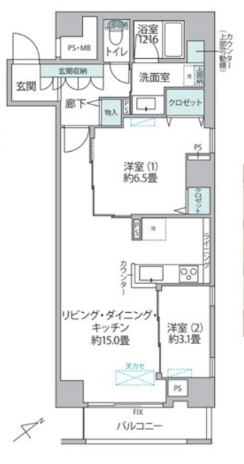 この画像は一つのアパートメントの間取り図です。玄関、トイレ、浴室、洗面室、クローゼット、洋室1（約6.5畳）、リビング・ダイニング・キッチン（約15畳）、洋室2（約3.1畳）、バルコニーが示されています。
