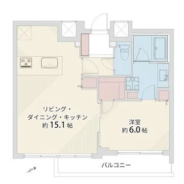 平面図の間取り図で、リビングダイニングキッチン約15.1畳、洋室約6.0畳、バルコニーが描かれている。
