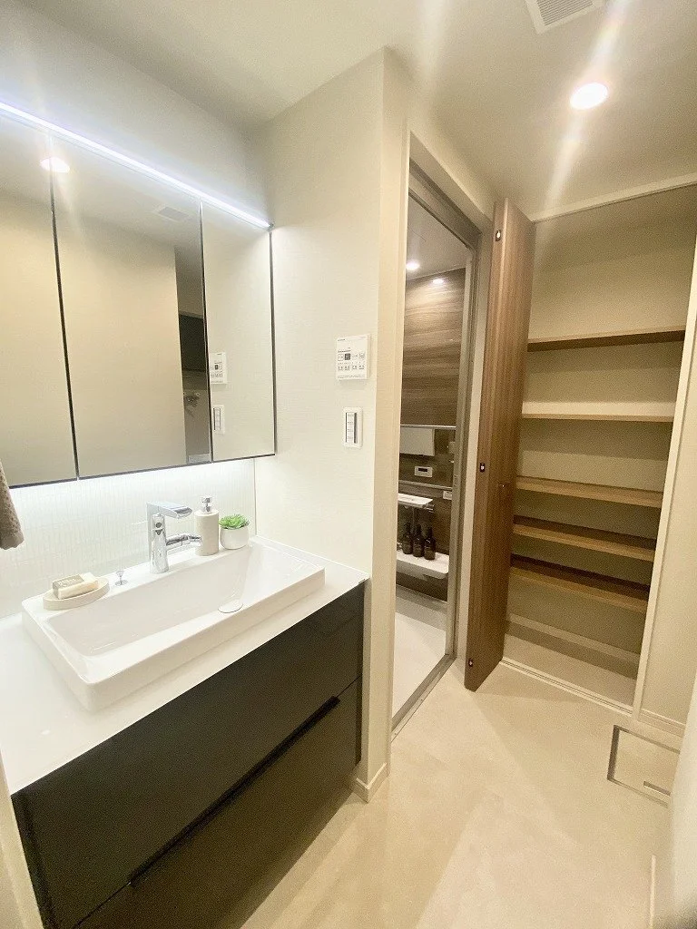 洗面台と鏡、収納棚、洗面所のドア、近くに見えるトイレの扉とバスルームの奥の住宅内の洗面スペース