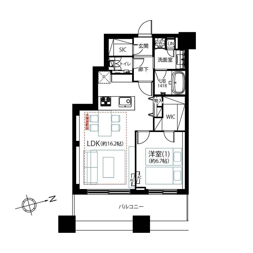 住宅の間取り図。リビングダイニングキッチン（約16.2畳）、洋室（約6.7畳）、バルコニー、玄関、トイレ、洗面室、浴室、ウォークインクローゼットなどの部屋とスペースが示されている。