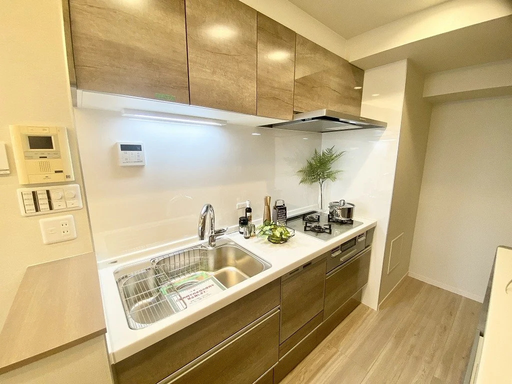 モダンなキッチンで、シンク、ガスコンロ、調理用具、緑の植物が置かれている。