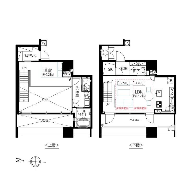 二階建ての住宅の間取り図。上階には洋室とウォークインクローゼットがあり、下階にはLDKとバルコニーが配置されている。