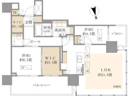 これは住宅の間取り図です。リビング、ダイニング、キッチン、寝室、浴室、洗面室、バルコニー、クローゼットなどの部屋やスペースが示されています。