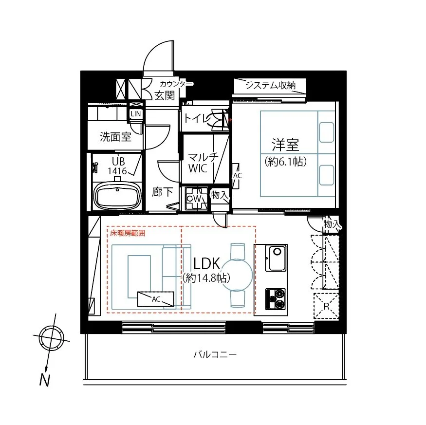 この図面は、居住用のアパートメントの間取り図です。玄関、リビングダイニングキッチン（約14.8畳）、洋室（約6.1畳）、バルコニー、トイレ、洗面室、ユニットバス、収納スペース、ウォークインクローゼットなどが含まれています。
