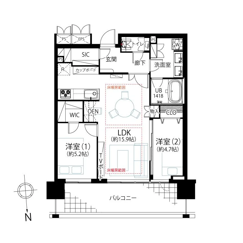 この画像は、住宅の平面図です。リビング・ダイニング・キッチン（LDK）、二つの洋室、バルコニー、バスルーム、トイレ、玄関、廊下などが示されています。