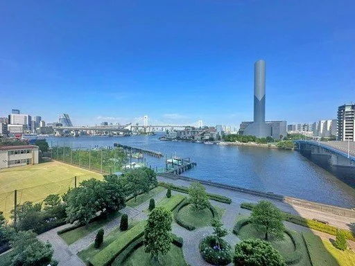 東京の川沿いの街並み。草地と木々が整備された公園が手前に広がり、川と都市のビル群が背景に見える晴れた日。