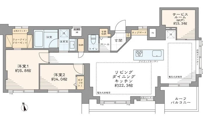 マンションの間取り図、リビングダイニングキッチン約22.3帖、洋室2約4.0帖、洋室1約5.8帖、浴室、洗面室、トイレ、サービスルーム約3.3帖、ルーフバルコニー