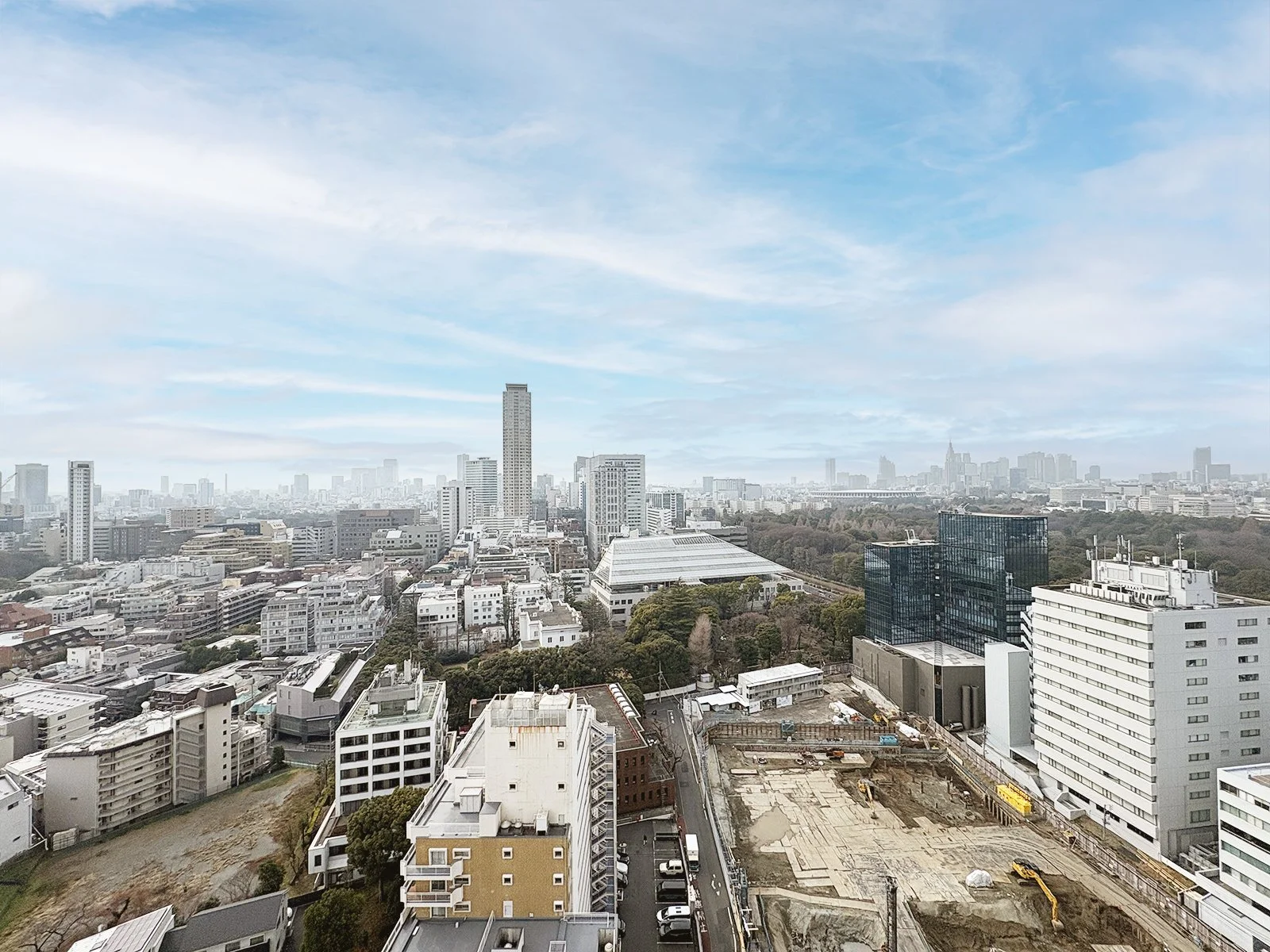 東京の都市景観。高層ビルと建設中の工事現場が見える。