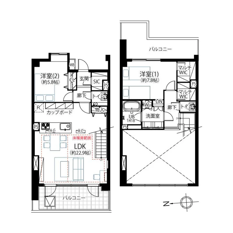 二階建ての住宅の間取り図で、1階にリビングダイニングキッチン（約22.9畳）、洋室（約5.8畳）、トイレ、玄関などが配置されている。2階には洋室（約7.8畳）、バルコニー、シャワールーム、トイレ、ウォークインクローゼットなどがある。