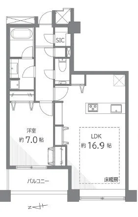 間取り図、リビングダイニングキッチン約16.9畳、洋室約7.0畳、バルコニー、浴室、トイレ、玄関、収納スペースあり