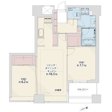 リビング・ダイニング・キッチンの広い部屋、洋室2つ、バルコニーを含む間取り図