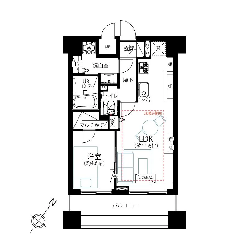 この画像はアパートやマンションの間取り図です。玄関、台所、リビングルーム、寝室、バルコニー、トイレ、浴室などの部屋の配置と広さが示されています。