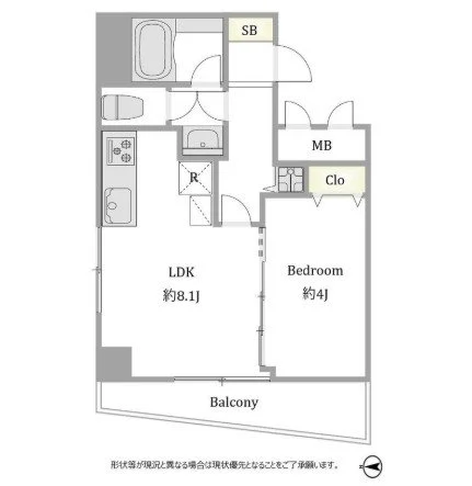 1LDKの間取り図。バルコニー、キッチン、バスルーム、トイレ、寝室クローゼットが配置されている。