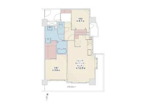 2部屋とリビングダイニングキッチン、バルコニーがある間取りの住宅平面図